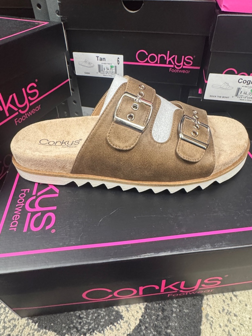 Corkys Brown Double Buckle Slide Sandal